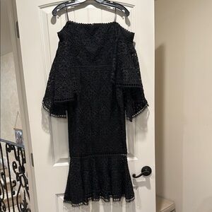 NICHOLAS Black Cocktail Dress with Off the Shoulder Neckline and Bell Sleeves